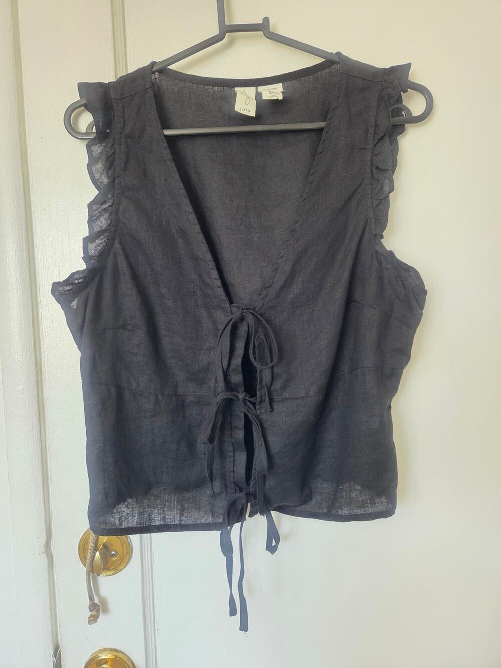 Joie Sleeveless RuffleTie-Front Black Linen Top Medium